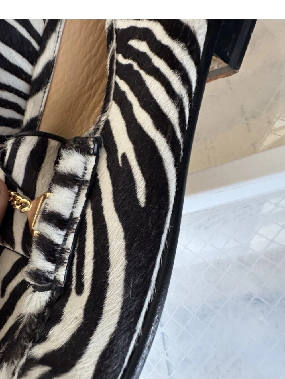 Men Zebra Print Hair Loafers with Gold Chain Accent - Picture 10 of 10